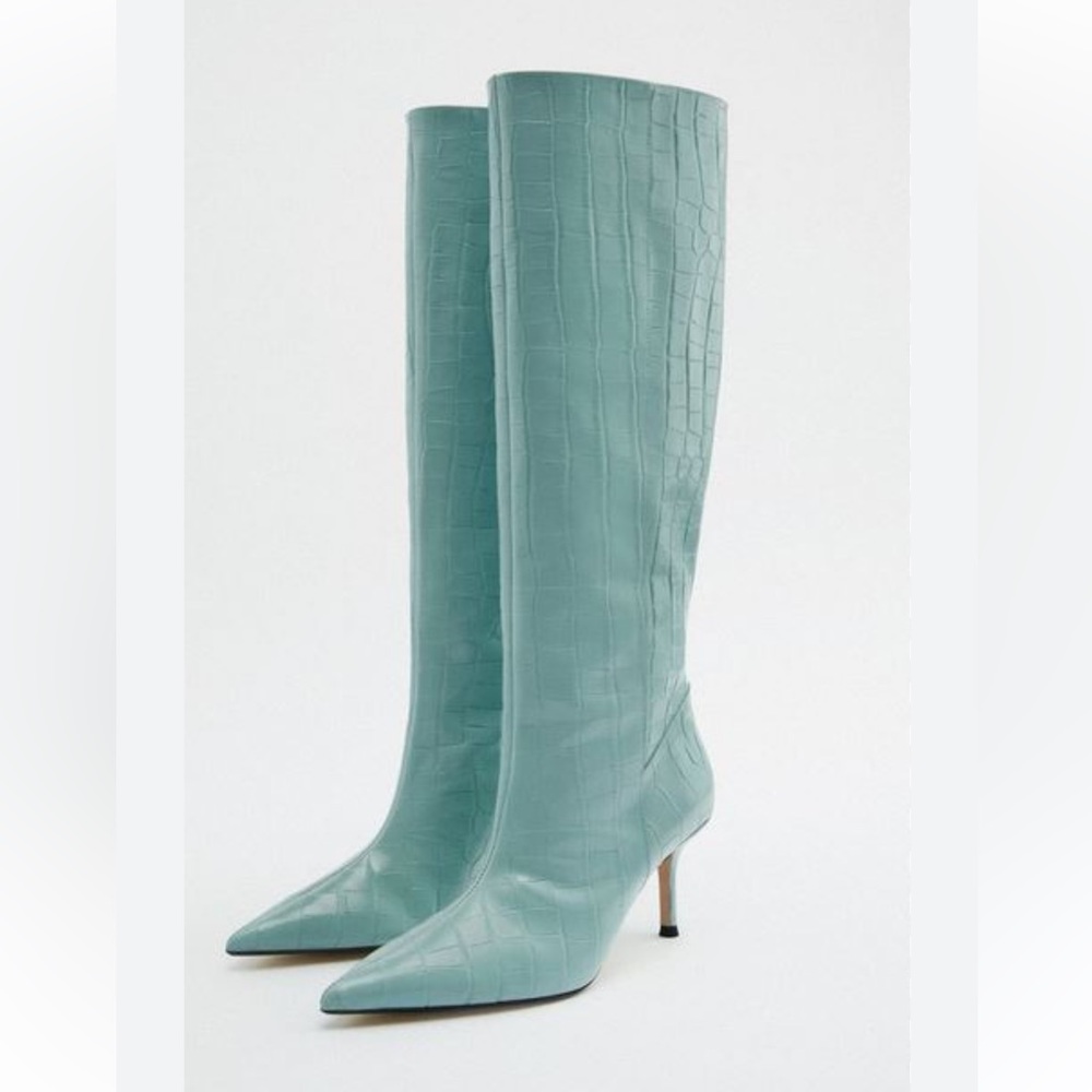 Pastel aqua crocodile leather boots